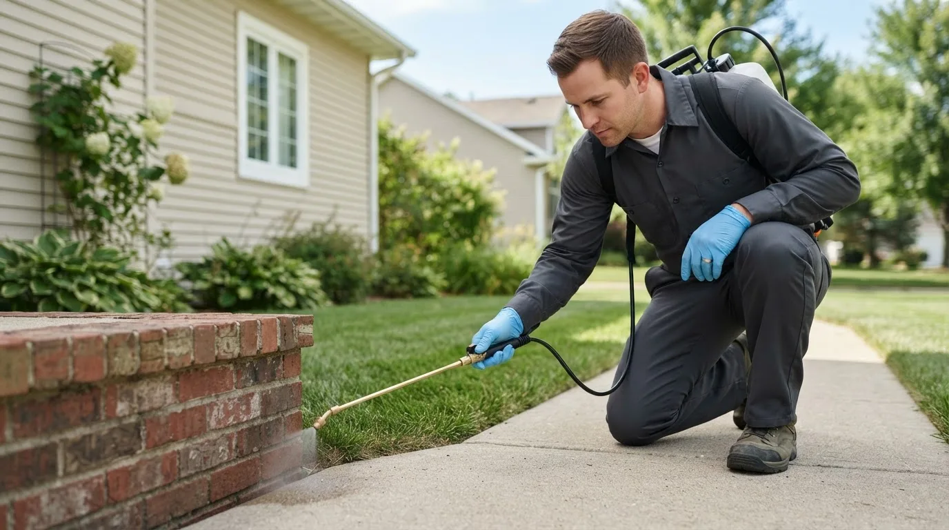 Pest control technician treating a home near Papineau, IL