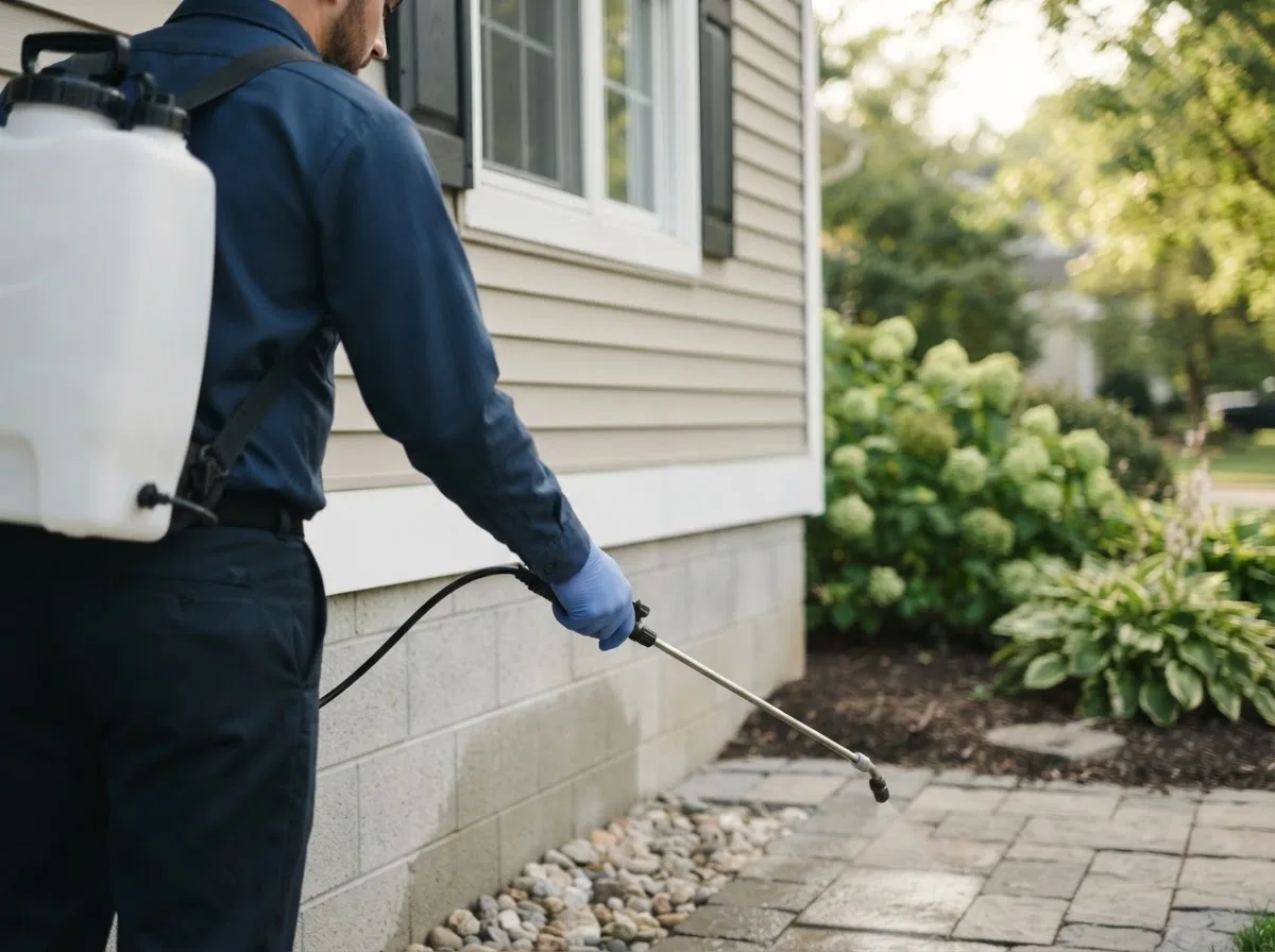 Pest control technician inspecting a home in Papineau, IL